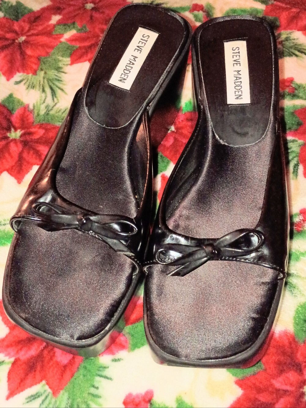 Steve Madden Black Satin Square-Toe Mules with Bow Accent
